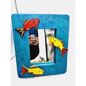 Hand‎ Carved Painted Wood Mirror Folk Art Fish Rustic Colorful Beachy 10"X12"